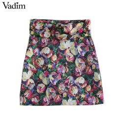 Vadim women basic floral print mini skirt back zipper sashes pockets vintage female casual summer chic A line skirts BA434