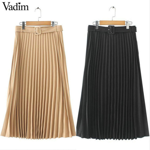 Vadim women basic pleated midi skirt with belt faldas mujer side zipper office wear female casual solid mid calf skirts BA424