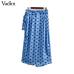 Vadim women chic dots print blue wrap skirts faldas mujer bow tie sashes split female casual straight mid calf skirts BA389