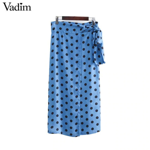 Vadim women chic dots print blue wrap skirts faldas mujer bow tie sashes split female casual straight mid calf skirts BA389