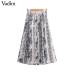 Vadim women chic snake print pleated skirt animal pattern buttons decorate faldas mujer vintage casual mid calf skirts BA214