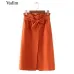 Vadim women elegant bow tie sashes skirt A line pleated front split pockets buttons basic ladies chic mid calf skirts BSQ750