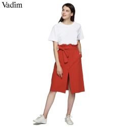 Vadim women elegant bow tie sashes skirt A line pleated front split pockets buttons basic ladies chic mid calf skirts BSQ750