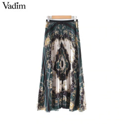 Vadim women floral chains pattern pleated skirts faldas mujer vintage elastic waist female casual chic mid calf skirts BA212