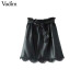 Vadim women lace patchwork PU leather mini skirts sashes pockets elastic waist faldas European style fashion black skirts BSQ610