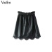 Vadim women lace patchwork PU leather mini skirts sashes pockets elastic waist faldas European style fashion black skirts BSQ610