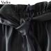 Vadim women lace patchwork PU leather mini skirts sashes pockets elastic waist faldas European style fashion black skirts BSQ610