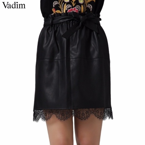 Vadim women lace patchwork PU leather mini skirts sashes pockets elastic waist faldas European style fashion black skirts BSQ610