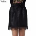 Vadim women lace patchwork PU leather mini skirts sashes pockets elastic waist faldas European style fashion black skirts BSQ610