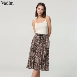 Vadim women stylish leopard print pleated skirt snake faldas mujer Drawstring tie elastic waist casual mid calf skirts BA108