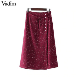 Vadim women sweet bow tie polka dots wrap skirt falda mujer buttons vintage ladies casual chic mid calf skirts BSQ710