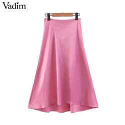 Vadim women sweet solid basic A line skirt faldas mujer side zipper irregular female casual office wear mid calf skirts BA485