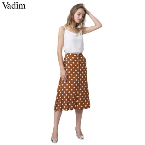 Vadim women vintage dot print midi skirt button design pockets A line ladies casual summer mid calf skirts falda mujer BA022