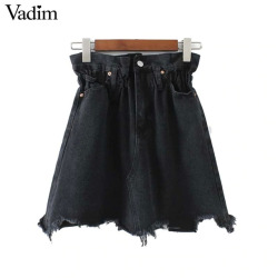 Vadim women vintage fringe tassel denim skirt pockets elastic waist European style ladies fashion mini skirts faldas mujer BA190