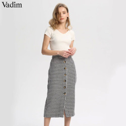 Vadim women vintage plaid midi skirt faldas mujer Houndstooth buttons retro ladies office wear casual chic skirts BA138