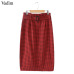 Vadim women vintage plaid midi skirt sashes buttons side zipper retro ladies casual streetwear chic mid calf skirts BA145