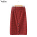 Vadim women vintage plaid midi skirt sashes buttons side zipper retro ladies casual streetwear chic mid calf skirts BA145