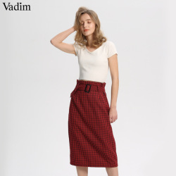 Vadim women vintage plaid midi skirt sashes buttons side zipper retro ladies casual streetwear chic mid calf skirts BA145