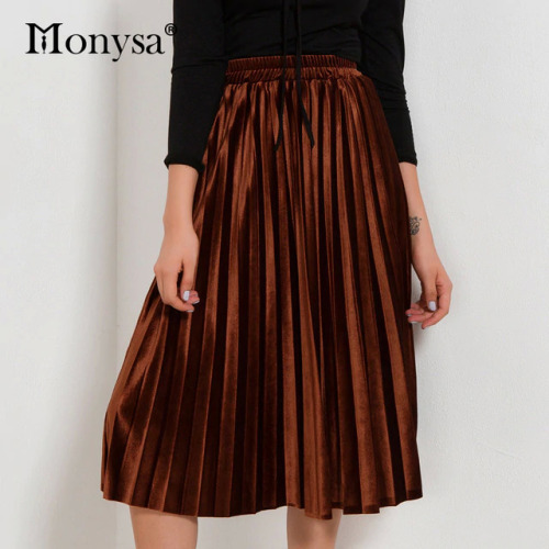 Velvet Pleated Skirts Women 2018 Autumn Winter Fashion Streetwear Midi Skirt Ladies Elastic Hight Waist Casual Skirt Black Green