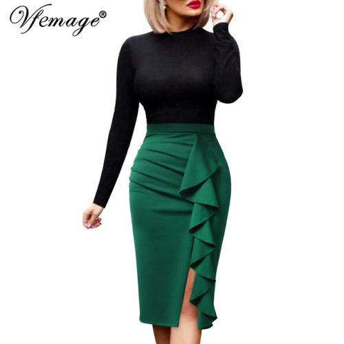 Vfemage Womens Elegant Ruched Ruffle High Waist Slit Split Work Business Cocktail Party Fitted Stretch Bodycon Pencil Skirt 1007