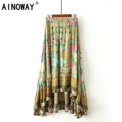 Vintage chic summer fashion women floral Peacock print  beach Bohemian skirt High Elastic Waist Maxi  A-Line Boho Skirt Femme