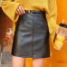 Winter Beige Black A-Line PU Leather Skirt For Women High Waist Office Wear Skirts Female short Skirt with Belt