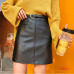 Winter Beige Black A-Line PU Leather Skirt For Women High Waist Office Wear Skirts Female short Skirt with Belt