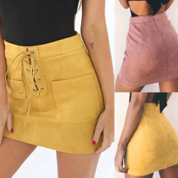 Women Leather Suede Lace Up Bandage High Waist Party Pencil Short Mini Skirt Ladies Womens Brief Solid Daily Skirts