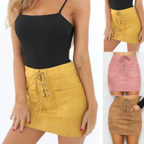 Women Leather Suede Lace Up Bandage High Waist Party Pencil Short Mini Skirt Ladies Womens Brief Solid Daily Skirts