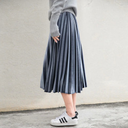 Women Long Metallic Silver Maxi Pleated Skirt Midi Skirt High Waist Elascity Casual Party Skirt