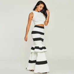 Women Mermaid Long Skirts Ruffle Striped Color Block Vintage Zipper Floor-length Skirts Female Party Pencil Trumpet Maxi Skirts