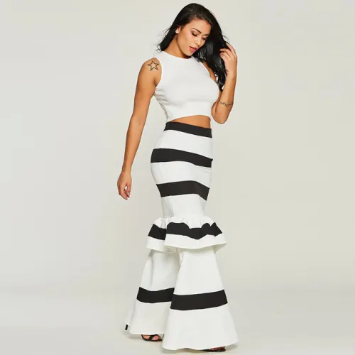 Women Mermaid Long Skirts Ruffle Striped Color Block Vintage Zipper Floor-length Skirts Female Party Pencil Trumpet Maxi Skirts