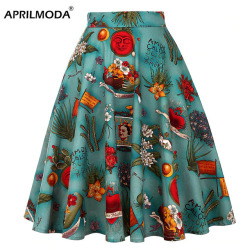 Women Midi Skirt Runway Vintage Rockabilly Womens Pinup 50s 60s Cotton Pleated Skirts High Waist Pinup Mini Black Daily Skirts