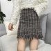 Women Woolen Mini Skirt Plus Size Autumn Winter Vintage Straight Plaid Tassel Skater Skirt Femininas Faldas Mujer