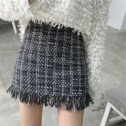 Women Woolen Mini Skirt Plus Size Autumn Winter Vintage Straight Plaid Tassel Skater Skirt Femininas Faldas Mujer