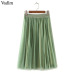 Women chic Two Layer Tulle Pleated midi skirts with Lining Elastic High Waist summer cute casual solid Mesh Tutu skirts ZC080