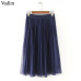 Women chic Two Layer Tulle Pleated midi skirts with Lining Elastic High Waist summer cute casual solid Mesh Tutu skirts ZC080