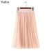 Women chic Two Layer Tulle Pleated midi skirts with Lining Elastic High Waist summer cute casual solid Mesh Tutu skirts ZC080