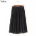 Women chic Two Layer Tulle Pleated midi skirts with Lining Elastic High Waist summer cute casual solid Mesh Tutu skirts ZC080