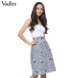 Women sweet birds print mid-calf striped skirts open stitch buttons design summer casual streetwear skirts BSQ476