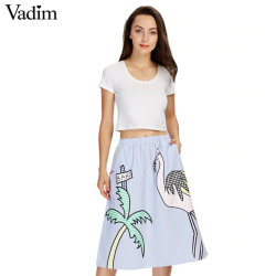 Women sweet coconut tree print striped skirts faldas mujer elastic waist pockets ladies fashion streetwear mid-calf skirt BSQ552