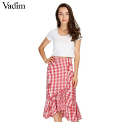 Women sweet ruffles plaid split skirts with lining elastic waist buttons ladies fashion casual mid-calf skirt BSQ555