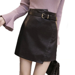 Women's A Line Leather Skirt 2018 New Autumn Winter Irregular Soft PU Mini Skirts Female High Waist Slim Shorts Saias with Belt