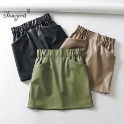 Yuuyiwa Women's double pocket elastic waist PU Faux leather skirt A-Line Above Knee Mini Women Skirts Jupe Femme Faldas Mujer