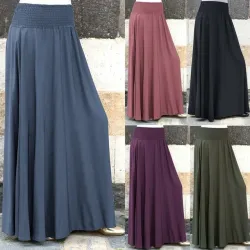 jupe femme Women Fashion Elastic Waist Solid Color Pleated Skirt Vintage A-line Loose Long Skirts trendyol saias spodnica #C
