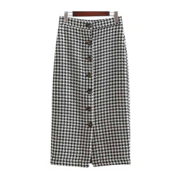 women vintage plaid midi skirt faldas mujer Houndstooth buttons retro ladies office wear casual chic skirts