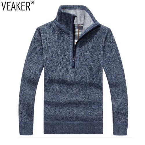 2019 Autumn Winter New Men's Zipper Sweater Pullovers Stand Collar Slim Fit Thick Sweaters Male Solid Color Knitted Pullover 3XL