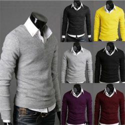 2019 New Fashion Sweater Men Long Sleeve Pullovers Outwear Man V-Neck Sweaters Tops Loose Solid Fit Knitting Clothing Casual