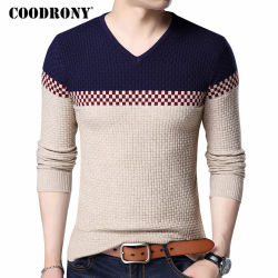 COODRONY 2019 Autumn Winter Warm Wool Sweaters Casual Hit Color  Patchwork V-neck Pullover Men Brand Slim Fit Cotton Sweater 155