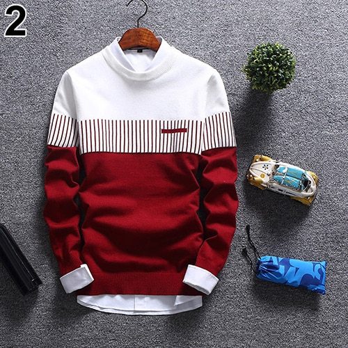 Men's Autumn Fashion Casual Strip Color Block Knitwear Jumper Pullover Sweater